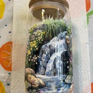 Waterfall Scene Glass Tumbler with Wooden Lid